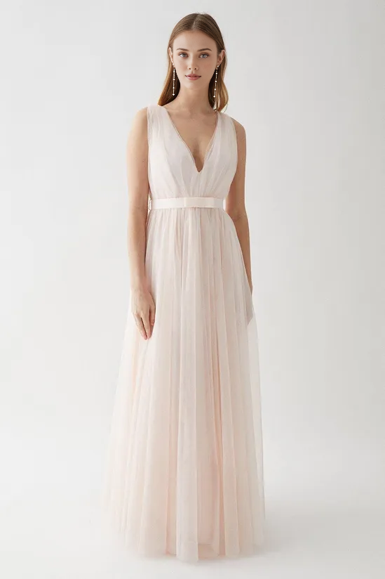 A-Line Tulle Plunge Neck Princess Bridesmaids Dress With Bow Wedding Guest Dresses