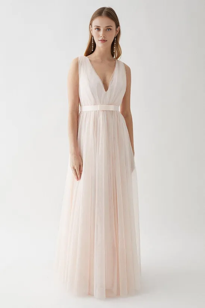 A-Line Tulle Plunge Neck Princess Bridesmaids Dress With Bow Wedding Guest Dresses