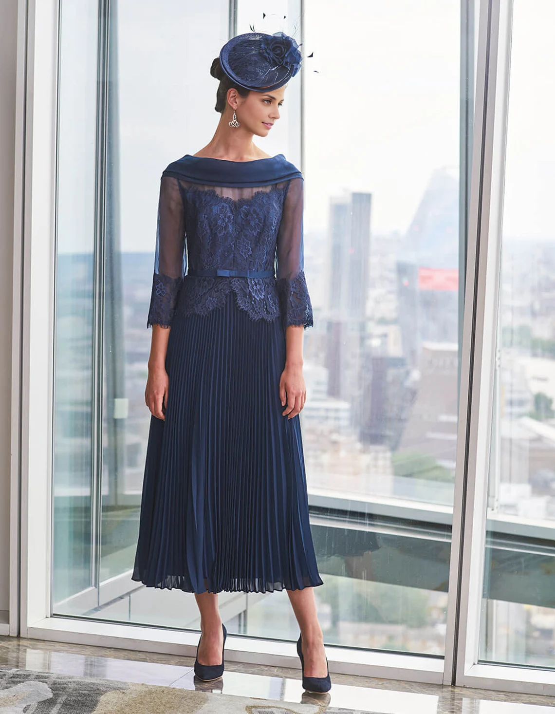 Navy A-Line Embellished LaceTea length Pleated Mother of the Bride Dresse