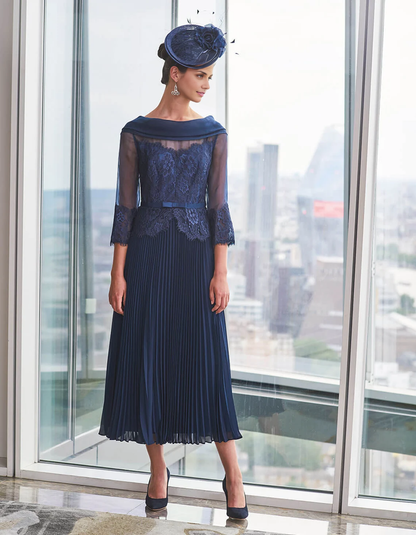 Navy A-Line Embellished LaceTea length Pleated Mother of the Bride Dresse
