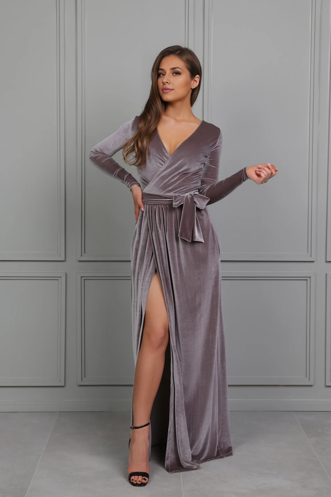 Bridesmaid Velvet Formal Evening Dress Wedding Guest Dress Long Dress With Slit