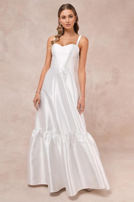 White Taffeta Bustier Tiered Maxi Dress Cute A-Line Wedding Dresses