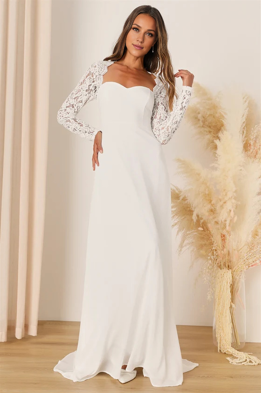 A-Line White Lace Long Sleeve Backless Floor-length Wedding Dresses