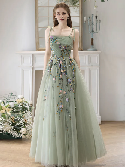 A-Line Princess Tulle Beads Green Long Prom Dress Formal Dress