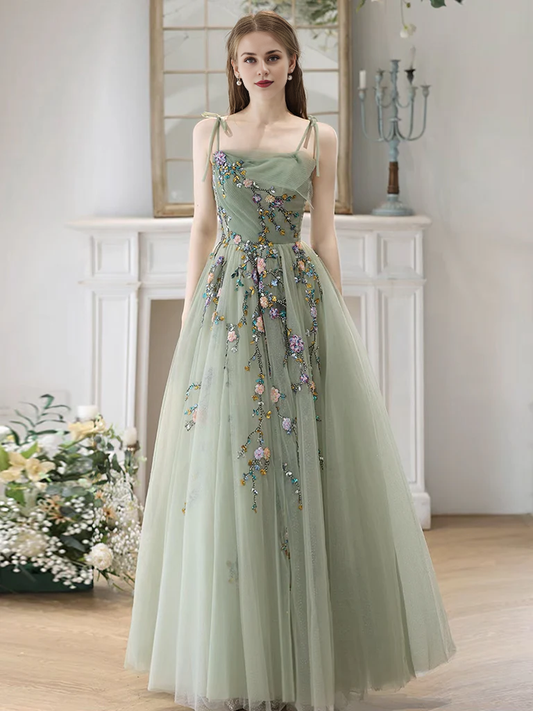 A-Line Princess Tulle Beads Green Long Prom Dress Formal Dress