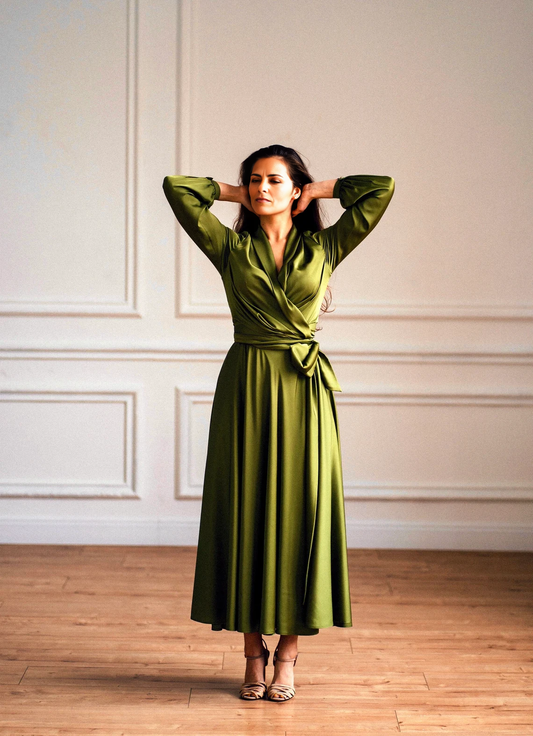 Olive Green Wedding Guest A-Line Long Sleeves Formal Mother of the Bride Dresse