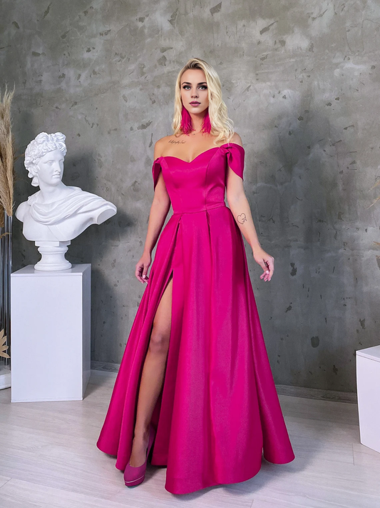 A-Line Fuchsia Satin Bridesmaid Dress Simple Off Shoulder Long Wedding Guest Party Dresses