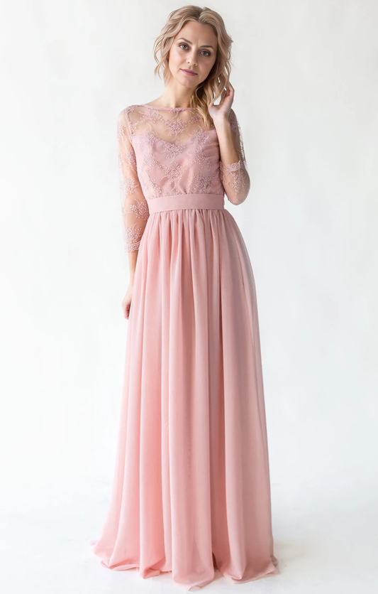 Blush Long Dress With Lace Formal Chiffon Wedding Party Gown Floor Length Flowy Mother of the Bride Dresse