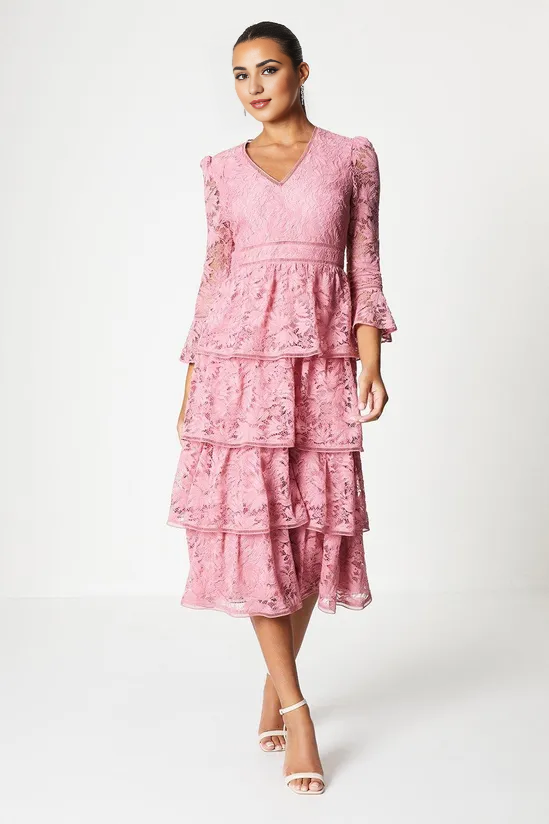 A-Line V-Neck Layered Lace Dress With Ruffle Sleeve Wedding Guest Dresses Cocktail Dresses