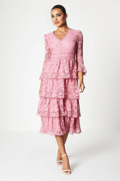 A-Line V-Neck Layered Lace Dress With Ruffle Sleeve Wedding Guest Dresses Cocktail Dresses