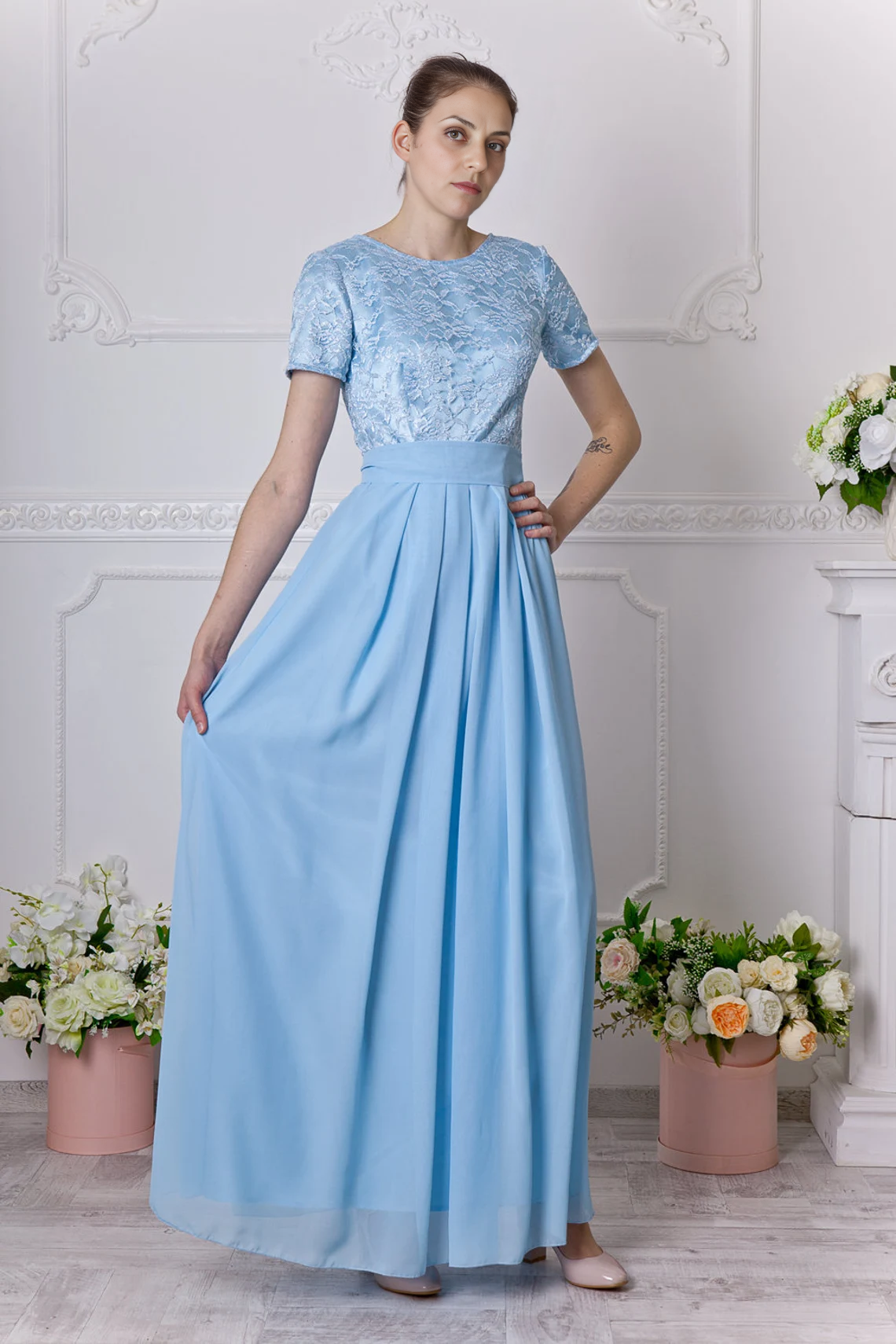Long Light Blue Bridesmaid Dress With Short Sleeves Modest Baby Blue Lace Chiffon Mother of the Bride Dresse