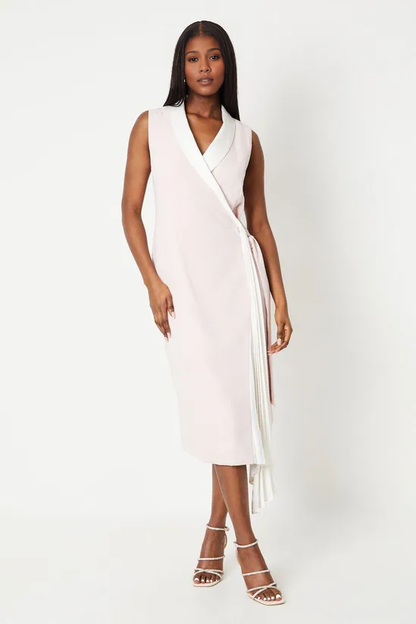 Satin Back Crepe Wrap With Pleat Drape Sleeveless Wedding Guest Dresses Cocktail Dresses