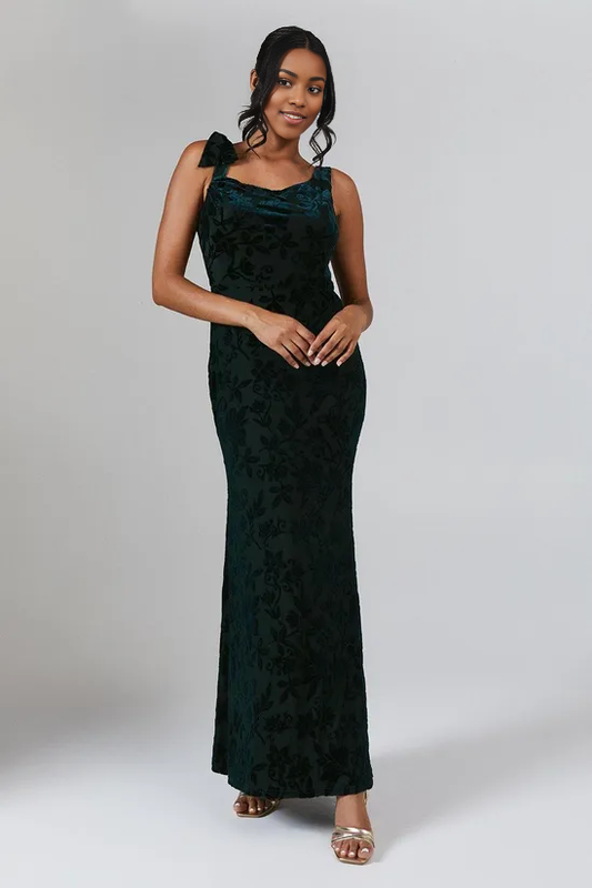 Emerald Velvet Burnout Tie Shoulder Bridesmaids Dress Winter Wedding Guest Dresses