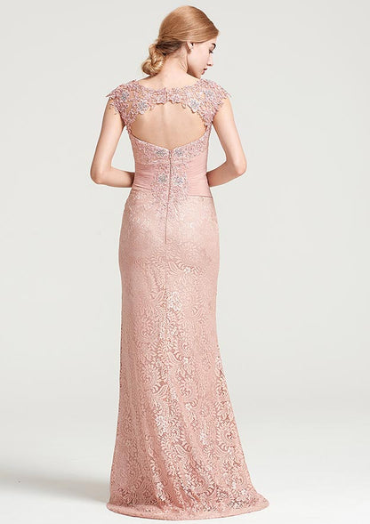 Sheath/Column Bateau Sleeveless Long Lace Dress With Ruffles Appliqued Pleated