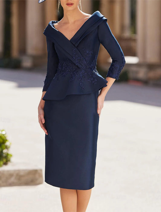 Sheath / Column Mother of the Bride Dress Formal Wedding Guest Vintage V Neck Tea Length Satin with Appliques