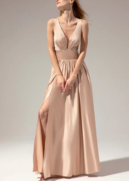 Satin V-neck Wedding Guest Dress Long Prom Party Dress With Slit