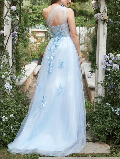 Sky Blue A Line One Shoulder Long Prom Dress with Appliques