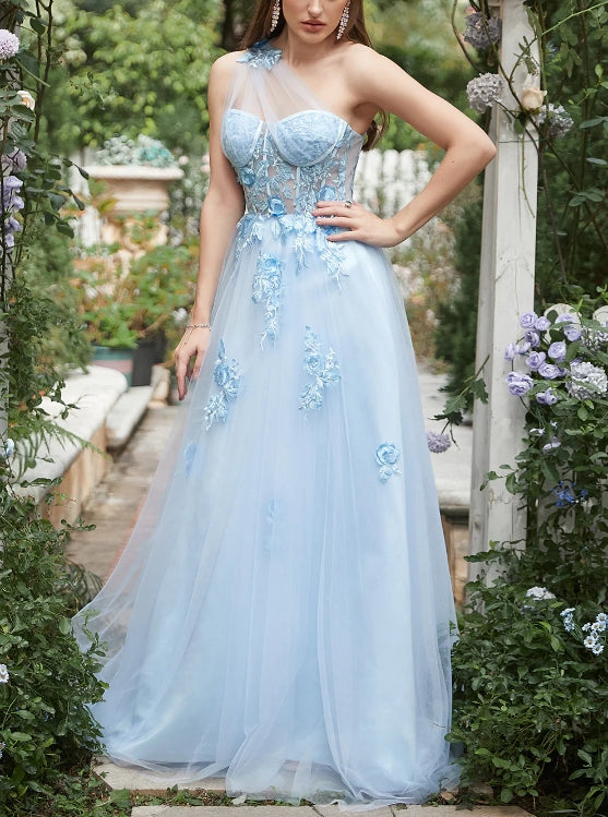 Sky Blue A Line One Shoulder Long Prom Dress with Appliques