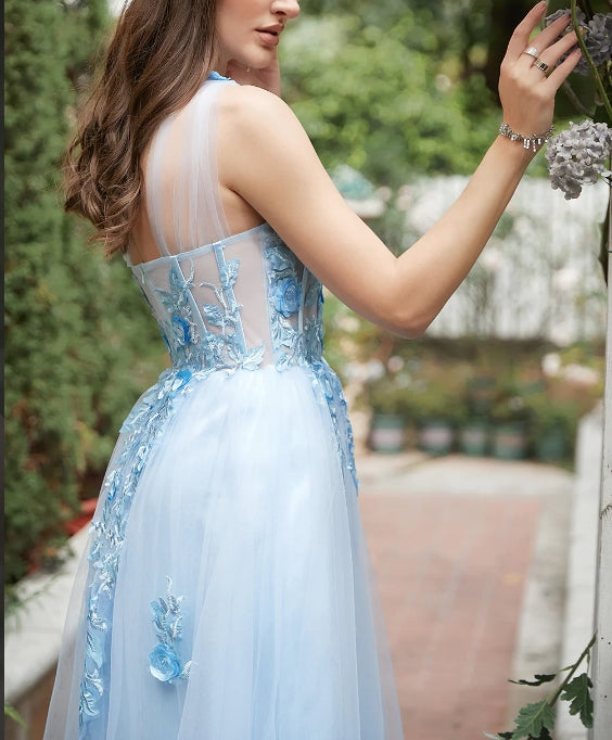 Sky Blue A Line One Shoulder Long Prom Dress with Appliques
