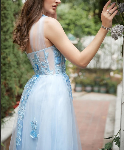 Sky Blue A Line One Shoulder Long Prom Dress with Appliques