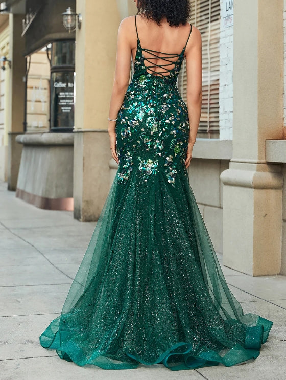 Stunning Mermaid Spaghetti Straps Dark Green Long Prom Dress with Appliques