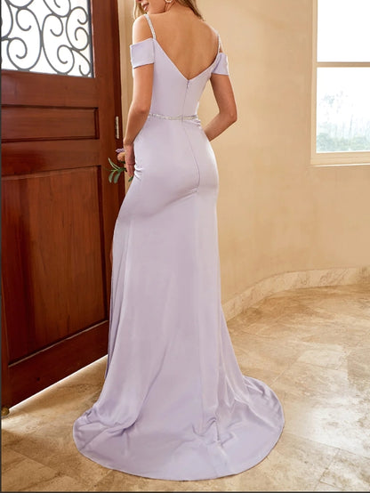 Sheath Off the Shoulder Lilac Long Bridesmaid Dress with Split Front
