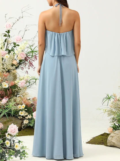 A Line Halter Neck Blue Long Bridesmaid Dress