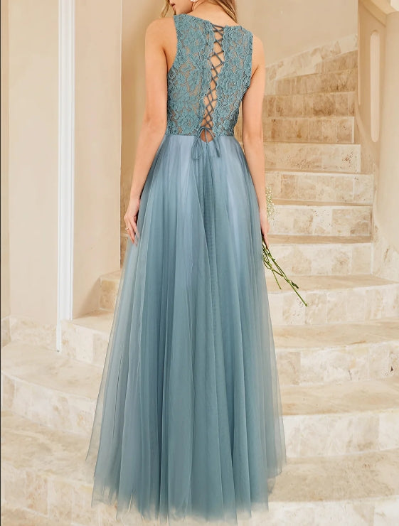 Grey Blue Tulle Bridesmaid Dress with Lace Wedding Guest Dress