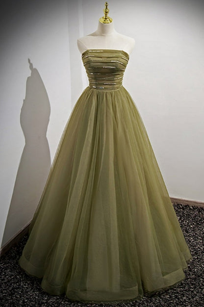 Cute A-Line Green Tulle Long Modest Prom Dress with Removable Sleeves