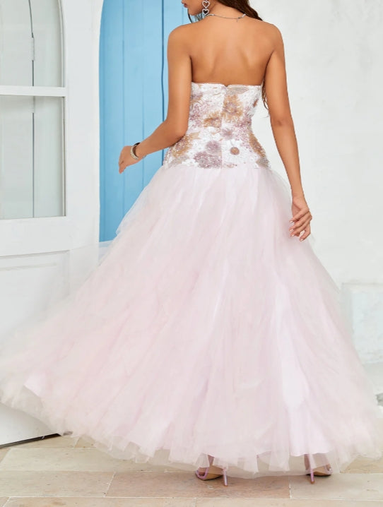 Sequins/Sparkling Party Dress Strapless A Line Pink Tulle Long Prom Dress with Appliques