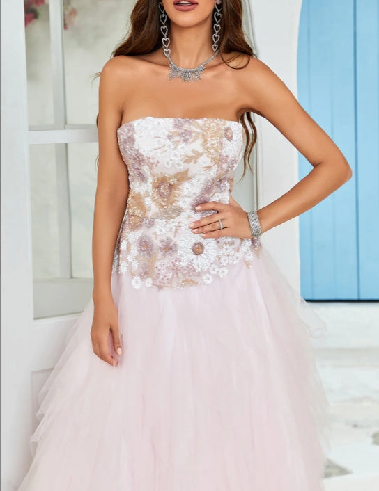 Sequins/Sparkling Party Dress Strapless A Line Pink Tulle Long Prom Dress with Appliques