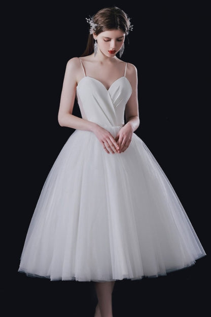 White Simple Chic Tea Length White Tulle Wedding Dress with Spaghetti Straps