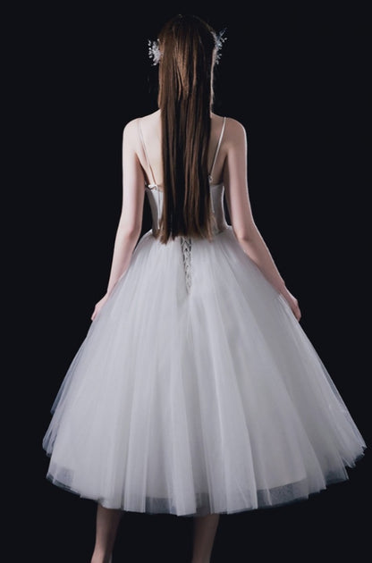 White Simple Chic Tea Length White Tulle Wedding Dress with Spaghetti Straps