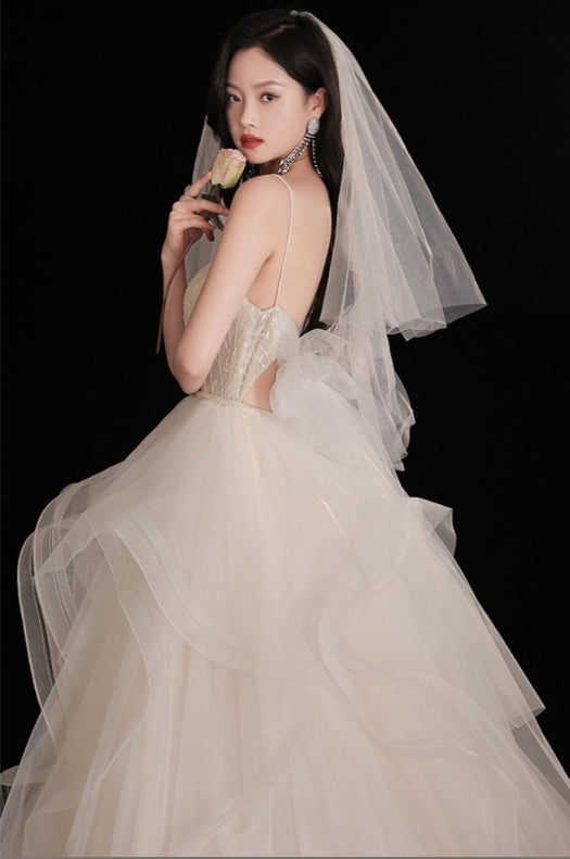 Gorgeous Ruffled Ballgown Tier Wedding Dress with Spaghetti Straps