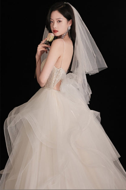Gorgeous Ruffled Ballgown Tier Wedding Dress with Spaghetti Straps
