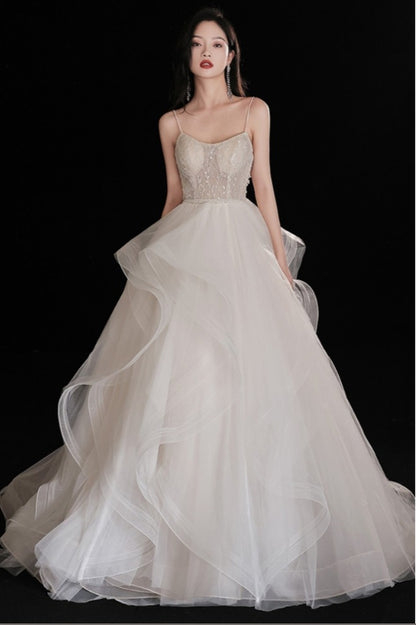 Gorgeous Ruffled Ballgown Tier Wedding Dress with Spaghetti Straps