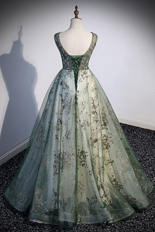 Green Tulle Sleeveless Prom Dress with Sparkly Sequins