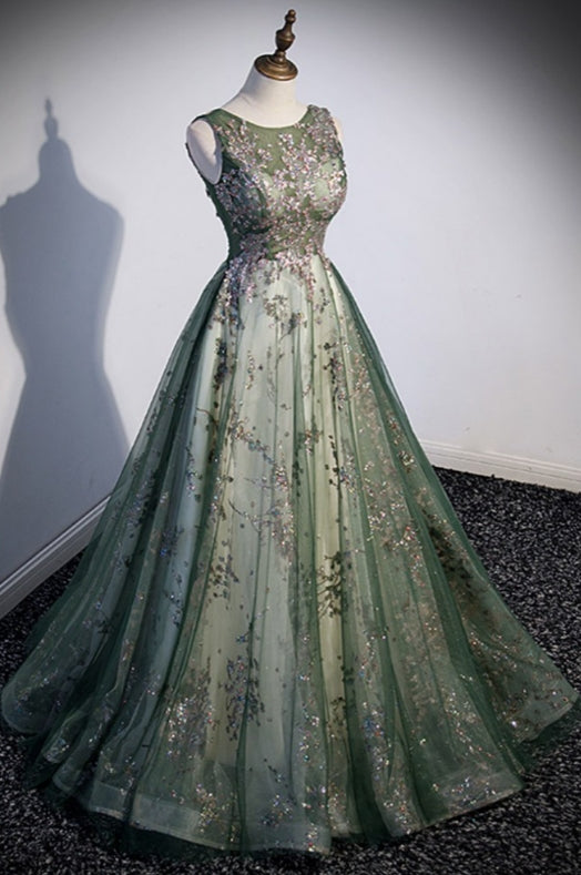 Green Tulle Sleeveless Prom Dress with Sparkly Sequins