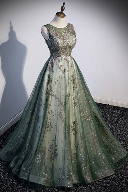 Green Tulle Sleeveless Prom Dress with Sparkly Sequins