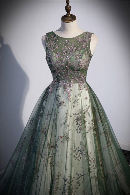 Green Tulle Sleeveless Prom Dress with Sparkly Sequins