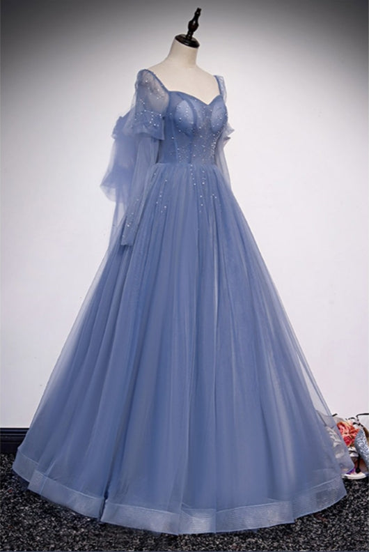 Gorgeous Formal Long Tulle Blue Prom Dress with Sleeves