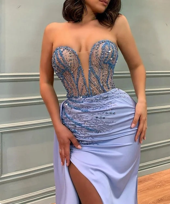 Sequins/Sparkling Sweetheart Beadings Light Blue Mermaid Prom Dress With Split