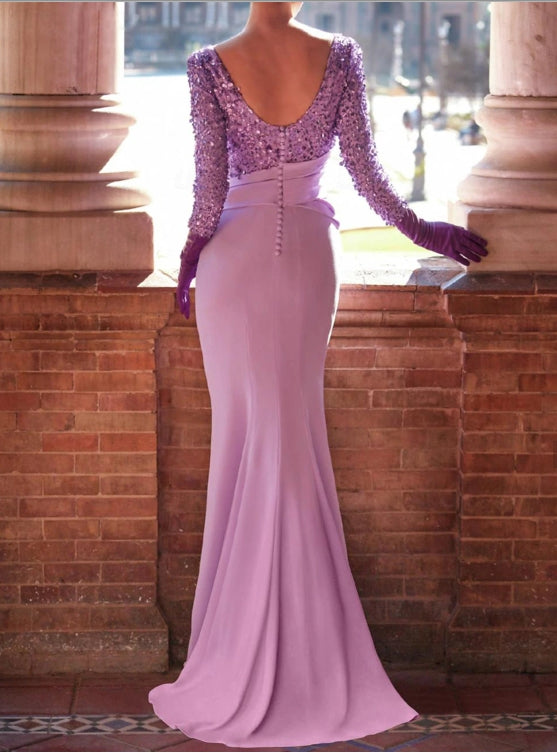Mermaid / Trumpet Evening Gown Formal Floor Length Long Sleeve Jewel Neck Sequined with Bow(s) Pearls