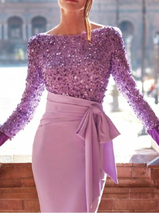 Mermaid / Trumpet Evening Gown Formal Floor Length Long Sleeve Jewel Neck Sequined with Bow(s) Pearls