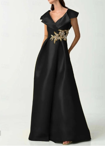 A-Line Evening Gown Elegant Floor Length Short Sleeve V Neck Pocket Satin with Rhineston