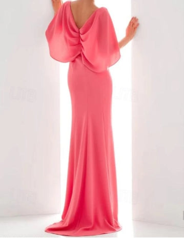 Sheath / Column Evening Gown Short Sleeve V Neck Stretch Chiffon with Ruched Ruffles