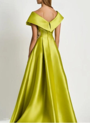 A-Line Evening Gown Elegant Floor Length Short Sleeve V Neck Pocket Satin with Rhineston