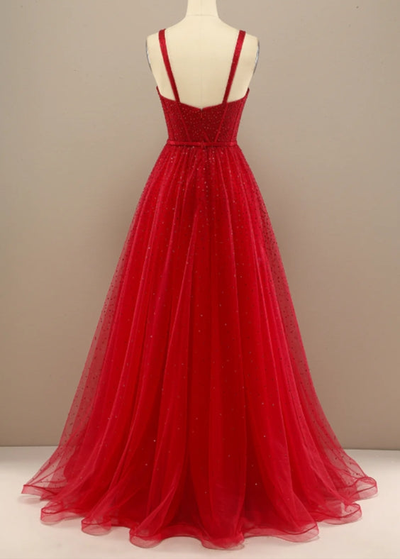 Red A-Line Princess Sweetheart Prom Dress with Beading