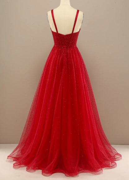 Red A-Line Princess Sweetheart Prom Dress with Beading