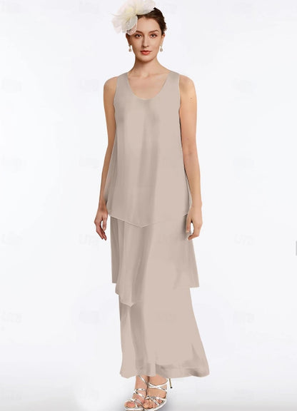 Sheath / Column Mother of the Bride Dress Wedding Guest Simple V Neck Ankle Length Chiffon Sleeveless with Tier